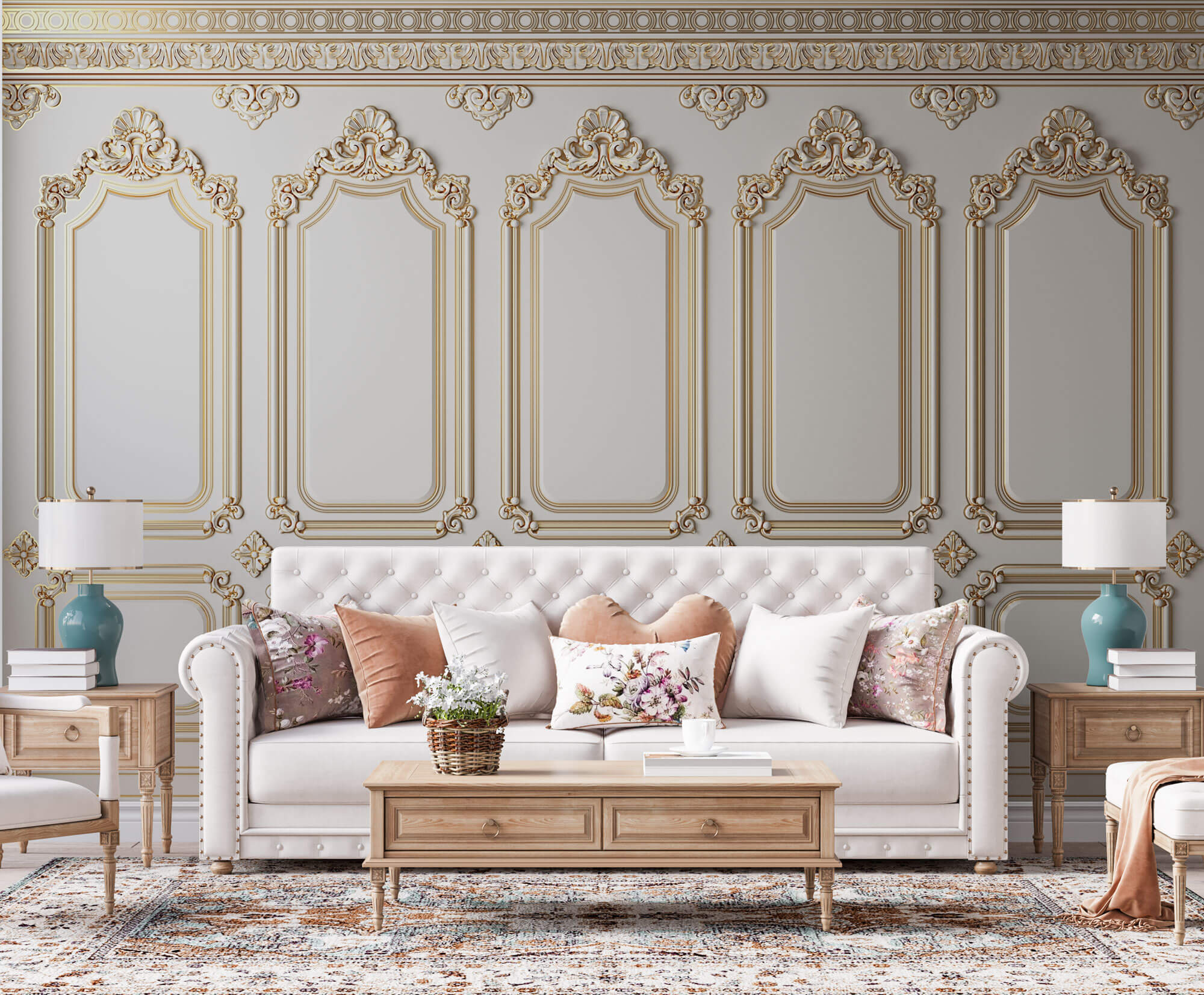 Tapet personalizat Architectural Walls cu rame decorative aurii in stil baroc elegant - QUEEN ELIZABETH