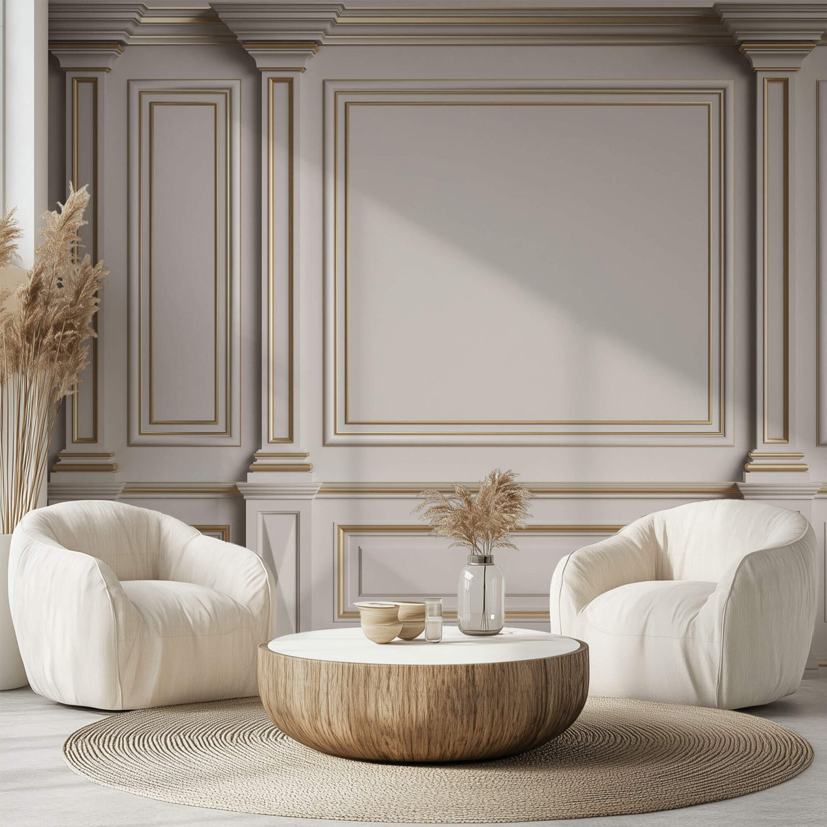 Tapet personalizat Architectural Walls cu rame aurii si coloane decorative in nuante de alb - GOLDEN FRAMES