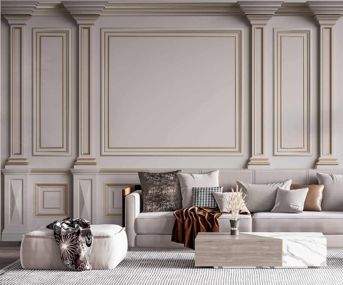 Tapet personalizat Architectural Walls cu rame aurii si coloane decorative in nuante de alb - GOLDEN FRAMES