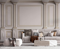 Tapet personalizat Architectural Walls cu rame aurii si coloane decorative in nuante de alb - GOLDEN FRAMES