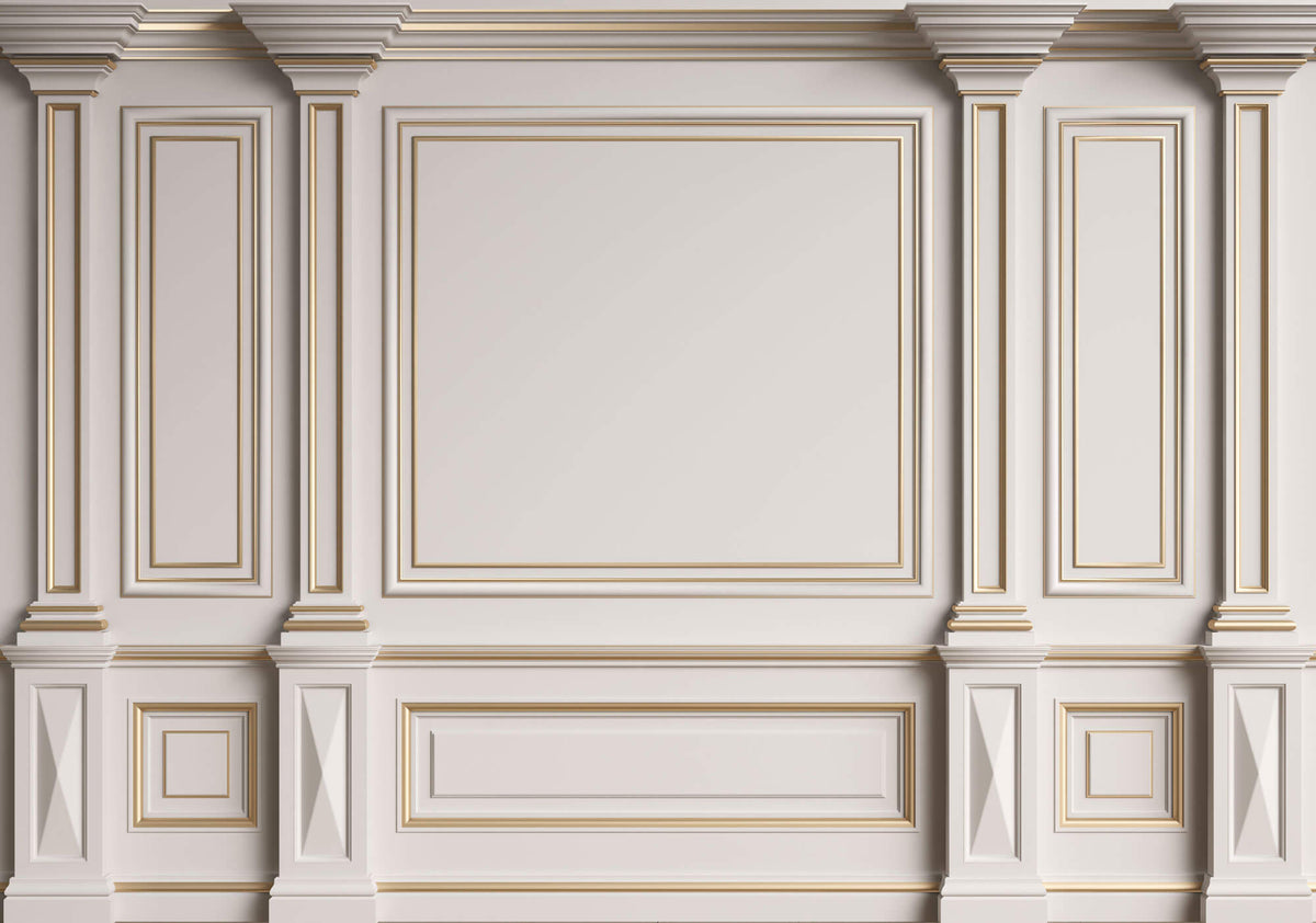 Tapet personalizat Architectural Walls cu rame aurii si coloane decorative in nuante de alb - GOLDEN FRAMES