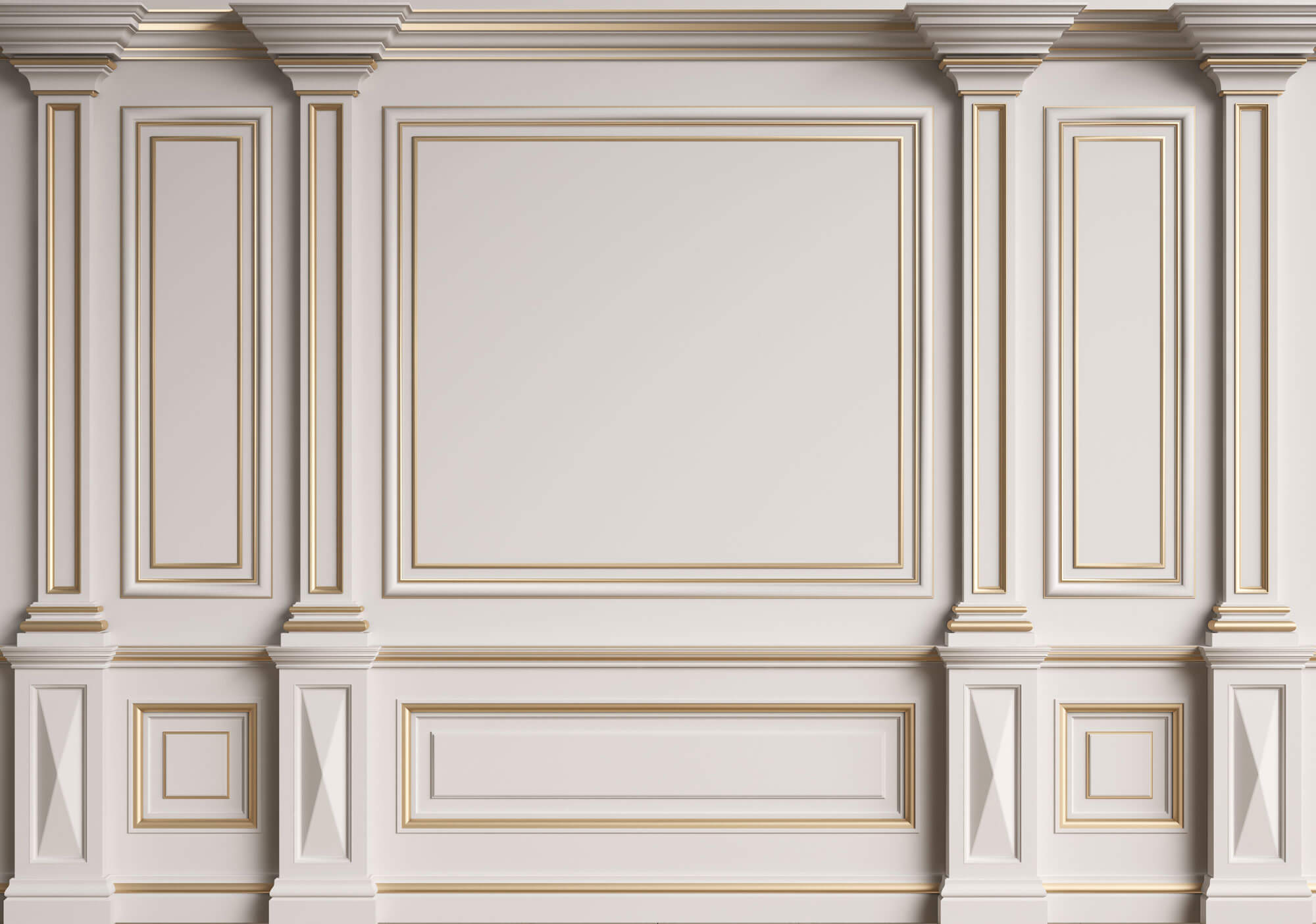 Tapet personalizat Architectural Walls cu rame aurii si coloane decorative in nuante de alb - GOLDEN FRAMES