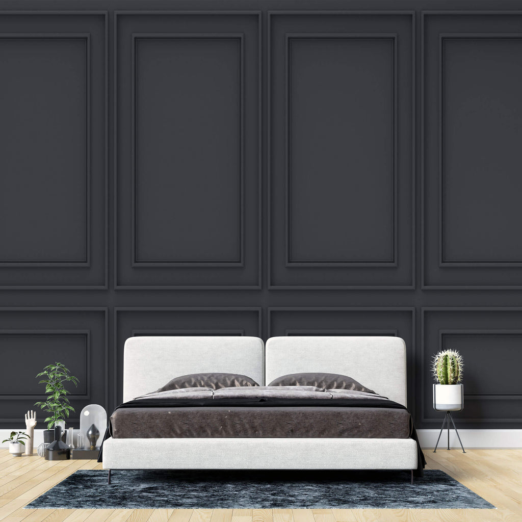 Tapet personalizat Architectural Walls cu panouri decorative din lemn in nuante de negru - DARK GREY WAINSCOT