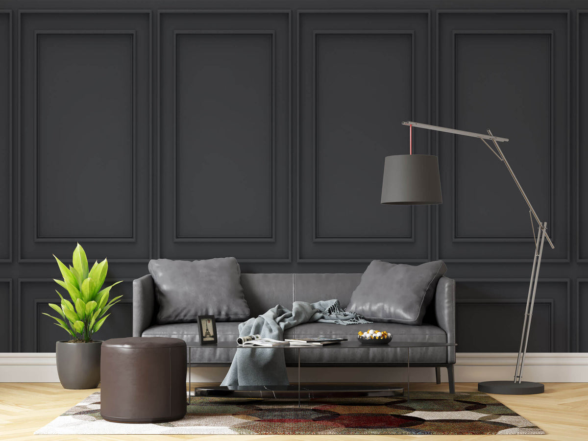Tapet personalizat Architectural Walls cu panouri decorative din lemn in nuante de negru - DARK GREY WAINSCOT