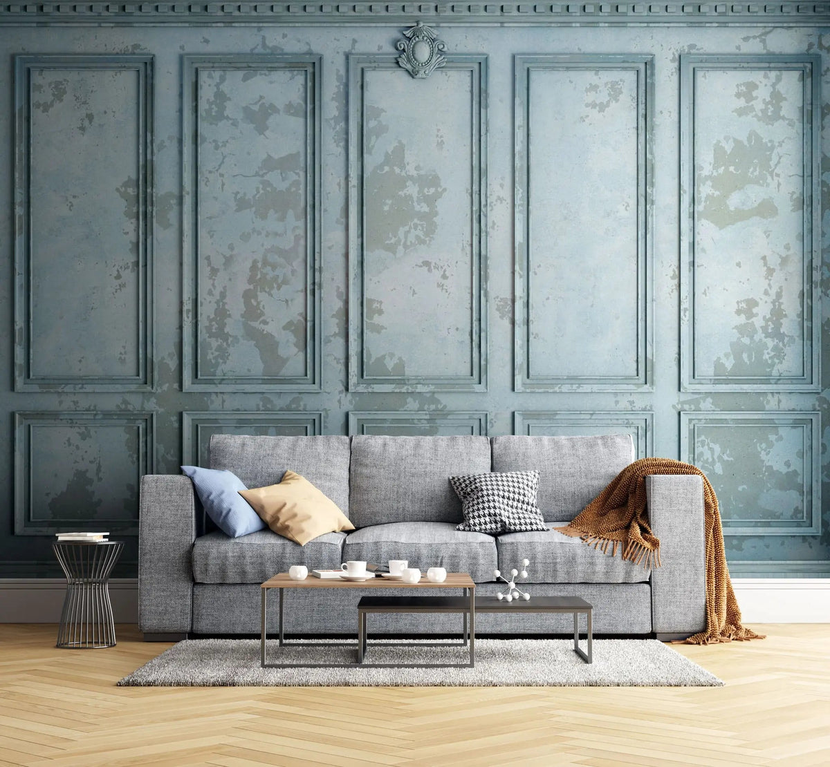 Tapet personalizat arhitectural walls cu ancadramente de perete in nuante de albastru si accente invechite grungy light blue