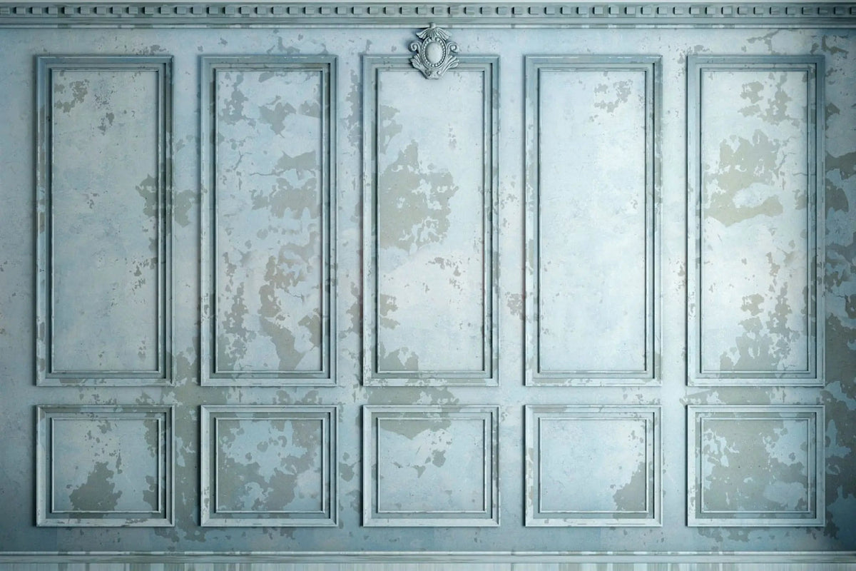 Tapet personalizat arhitectural walls cu ancadramente de perete in nuante de albastru si accente invechite grungy light blue
