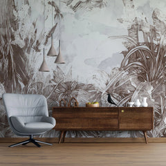 Tapet personalizat retro & vintage cu plante tropicale in nuante de maro pe fundal albastru deschis in stil retro spotty jungle