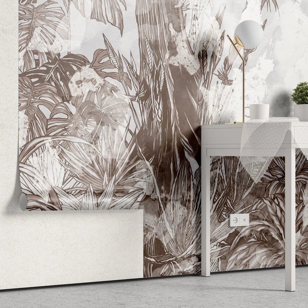 Tapet personalizat retro & vintage cu plante tropicale in nuante de maro pe fundal albastru deschis in stil retro spotty jungle