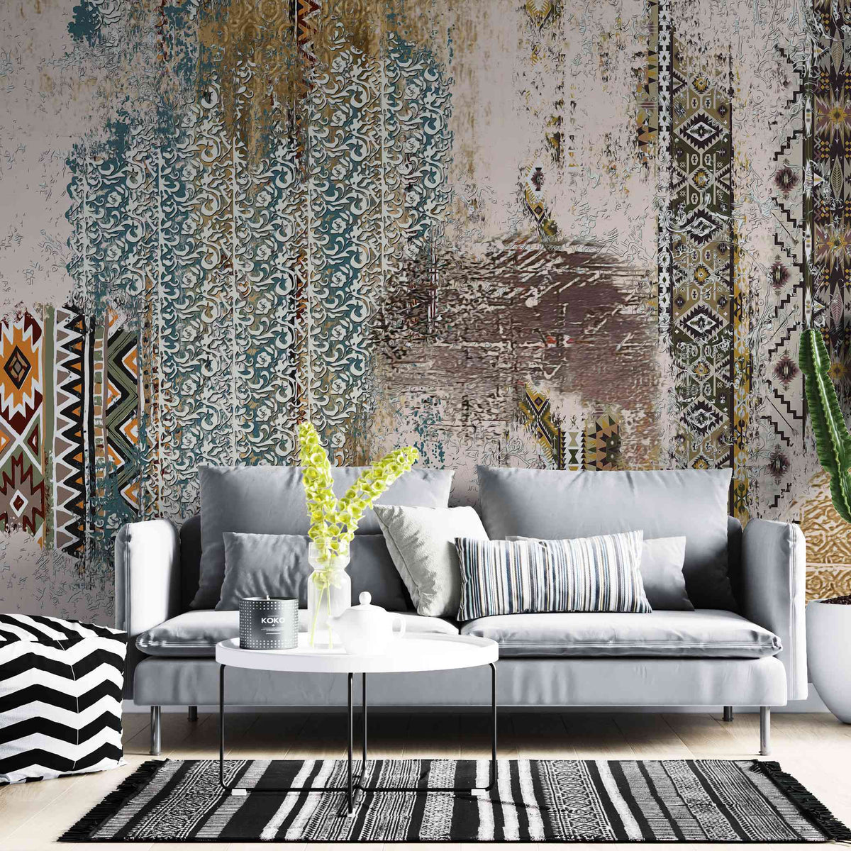 Tapet personalizat retro & vintage cu motive aztece colorate in stil retro retro aztec