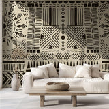 Tapet Personalizat Retro Vintage cu modele aztece si tribale in nuante de crem si negru - AZTEC TRIBAL