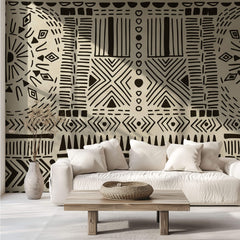 Tapet Personalizat Retro Vintage cu modele aztece si tribale in nuante de crem si negru - AZTEC TRIBAL