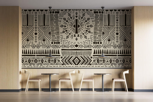 Tapet Personalizat Retro Vintage cu modele aztece si tribale in nuante de crem si negru - AZTEC TRIBAL