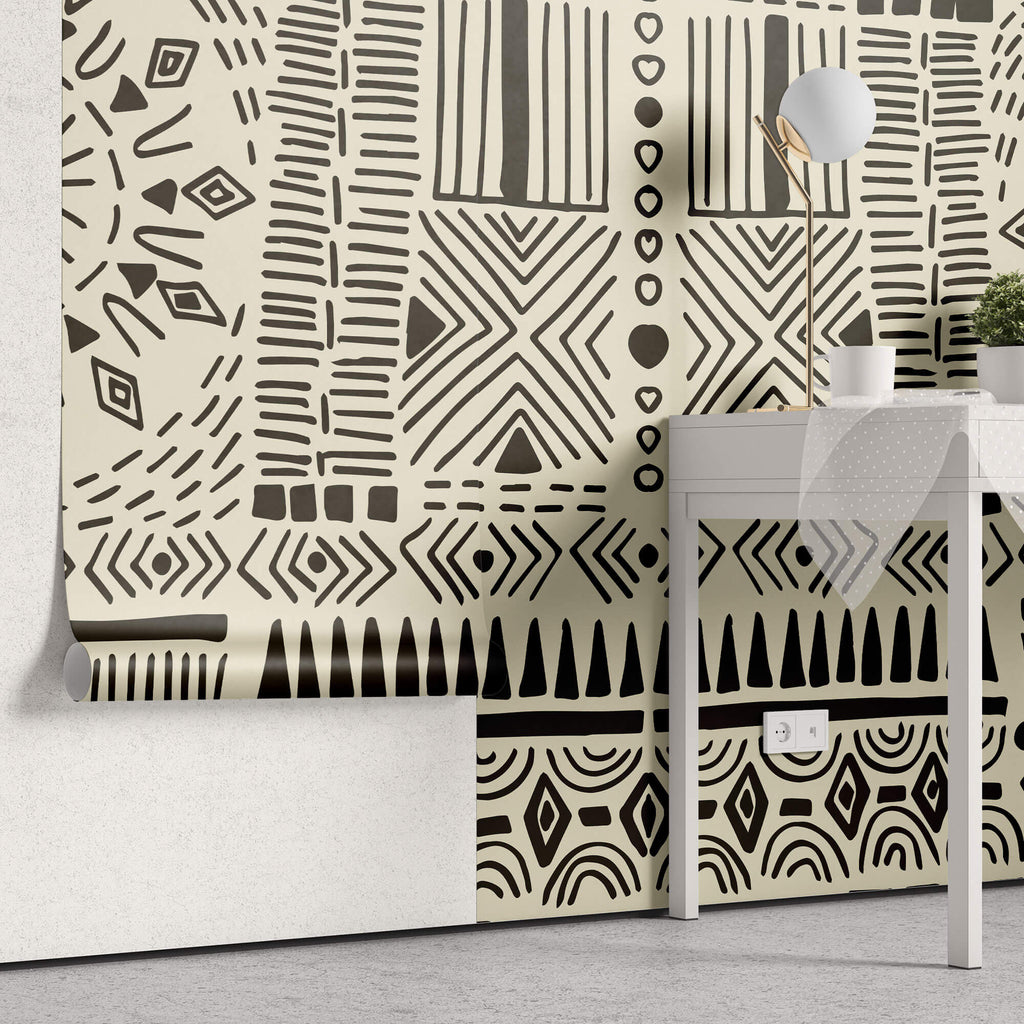 Tapet Personalizat Retro Vintage cu modele aztece si tribale in nuante de crem si negru - AZTEC TRIBAL