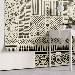 Tapet Personalizat Retro Vintage cu modele aztece si tribale in nuante de crem si negru - AZTEC TRIBAL