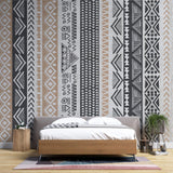 Tapet Personalizat Retro Vintage cu modele tribale si aztece dispuse vertical in nuante de bej si gri - AZTEC STRIPES