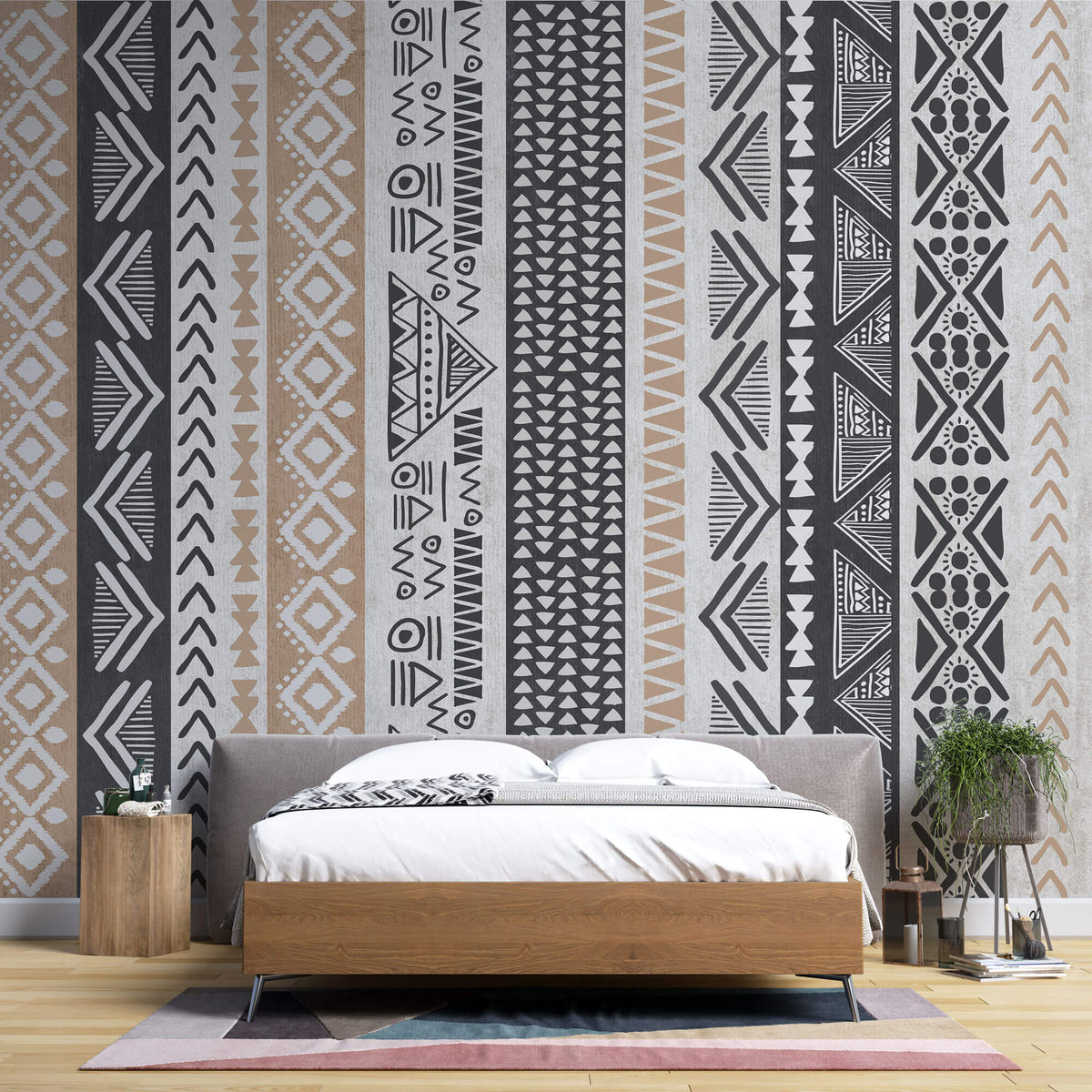 Tapet Personalizat Retro Vintage cu modele tribale si aztece dispuse vertical in nuante de bej si gri - AZTEC STRIPES