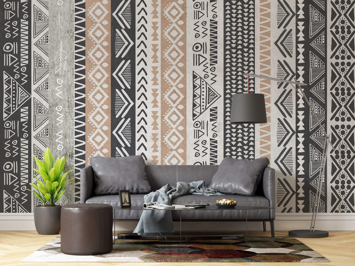 Tapet Personalizat Retro Vintage cu modele tribale si aztece dispuse vertical in nuante de bej si gri - AZTEC STRIPES