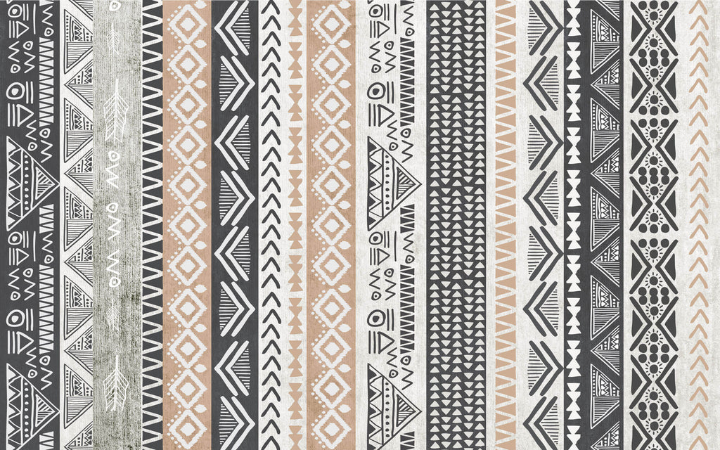 Tapet Personalizat Retro Vintage cu modele tribale si aztece dispuse vertical in nuante de bej si gri - AZTEC STRIPES
