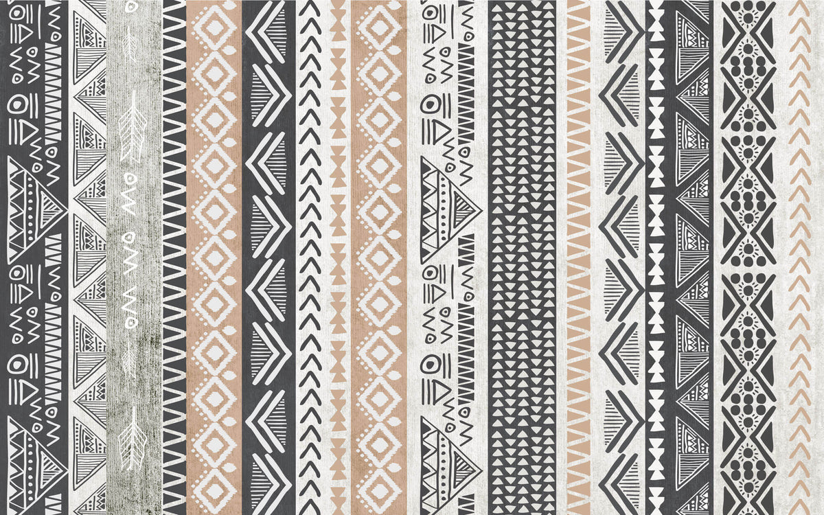 Tapet Personalizat Retro Vintage cu modele tribale si aztece dispuse vertical in nuante de bej si gri - AZTEC STRIPES