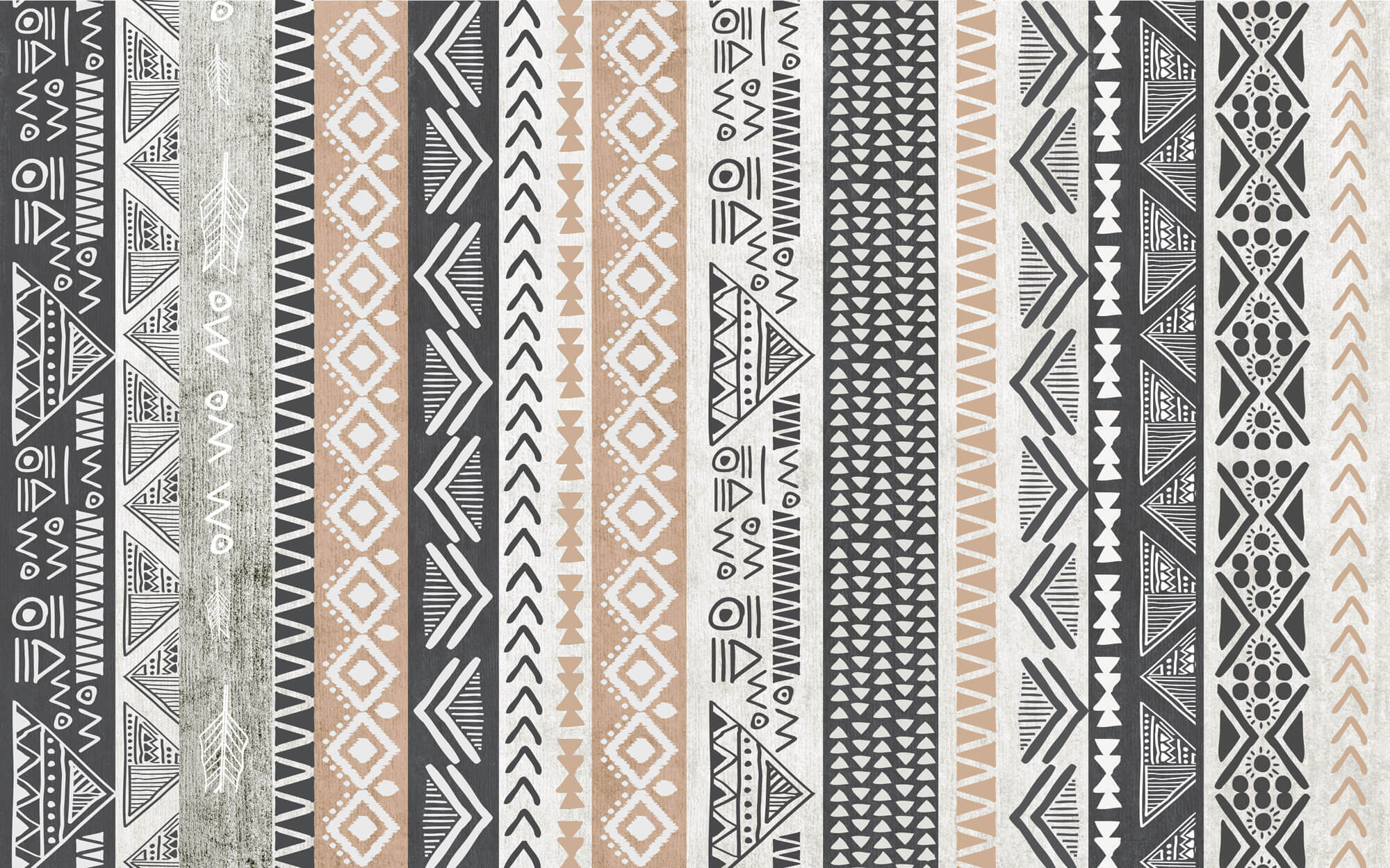 Tapet Personalizat Retro Vintage cu modele tribale si aztece dispuse vertical in nuante de bej si gri - AZTEC STRIPES