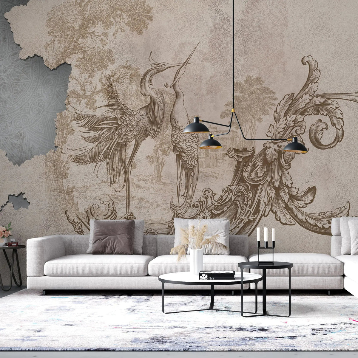 Tapet personalizat victorian cu elemente vintage specifice erei victoriene si egrete imperial egrete