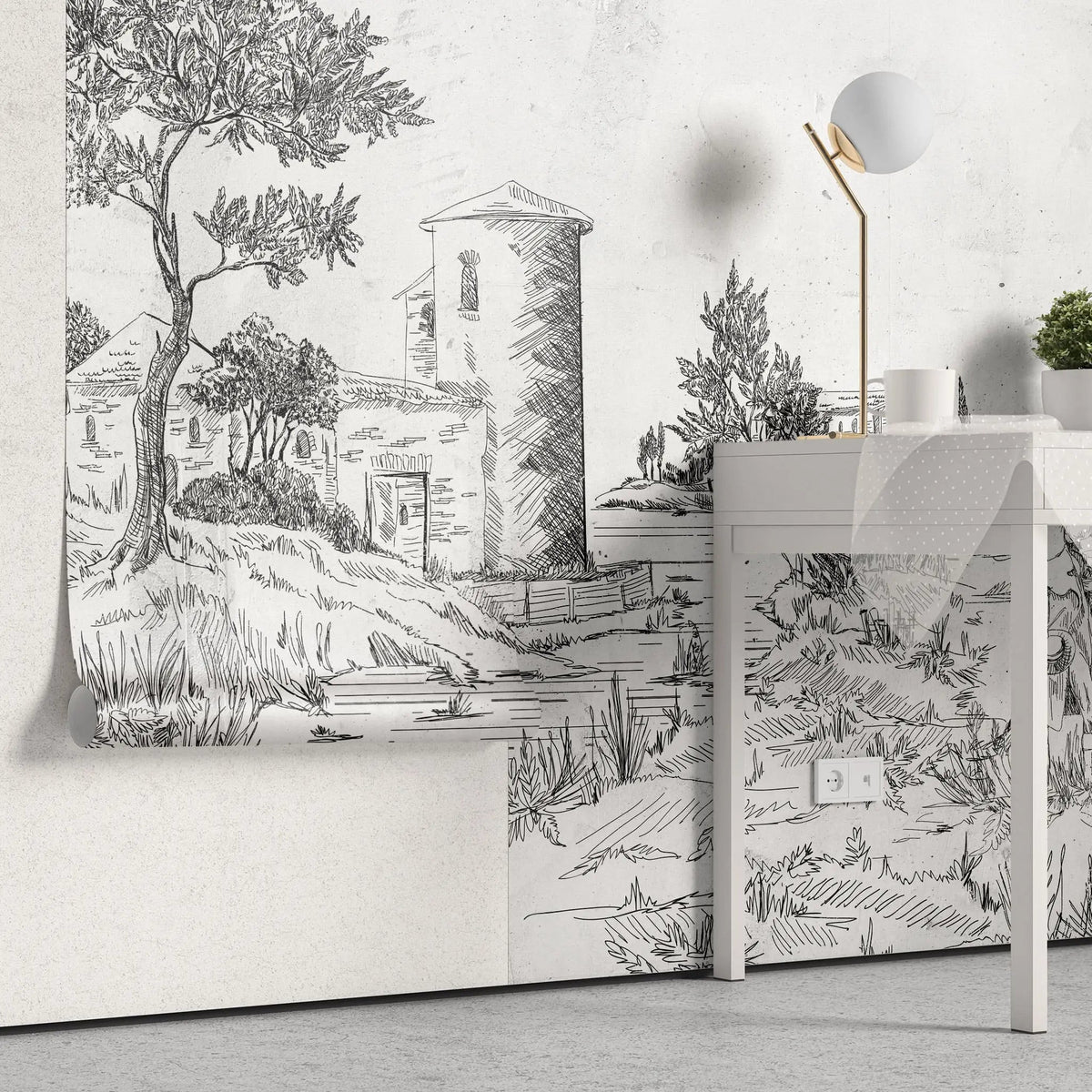 Tapet personalizat victorian de tip schita cu peisaj din suburbia marocana din secolul al xvii lea moroco sketch
