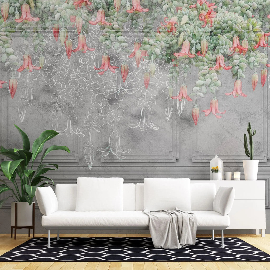 Tapet personalizat victorian cu floarea sarmienta pe un perete gri de inspiratie arhitecturala victoriana sarmienta scandens