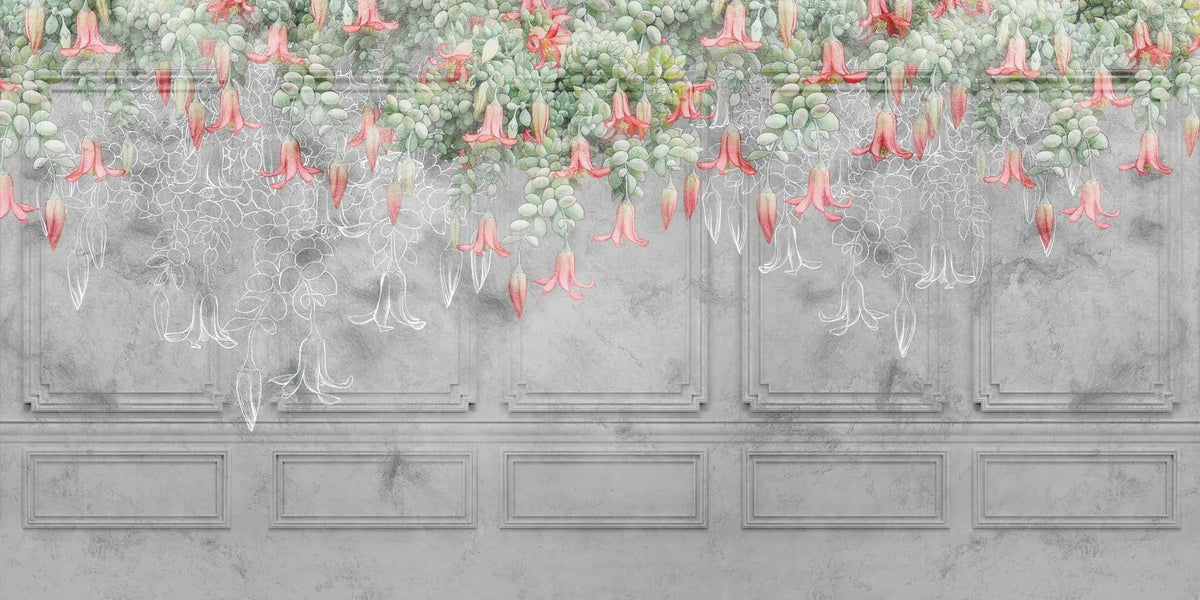 Tapet personalizat victorian cu floarea sarmienta pe un perete gri de inspiratie arhitecturala victoriana sarmienta scandens