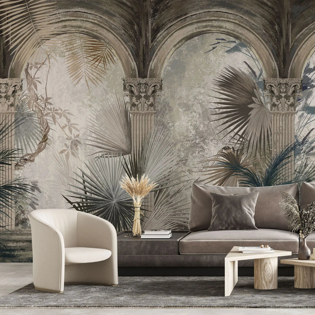 Tapet personalizat victorian cu coloane arhitecturale specifice erei victoriene si palmieri in nuante inchise victorian columns dark