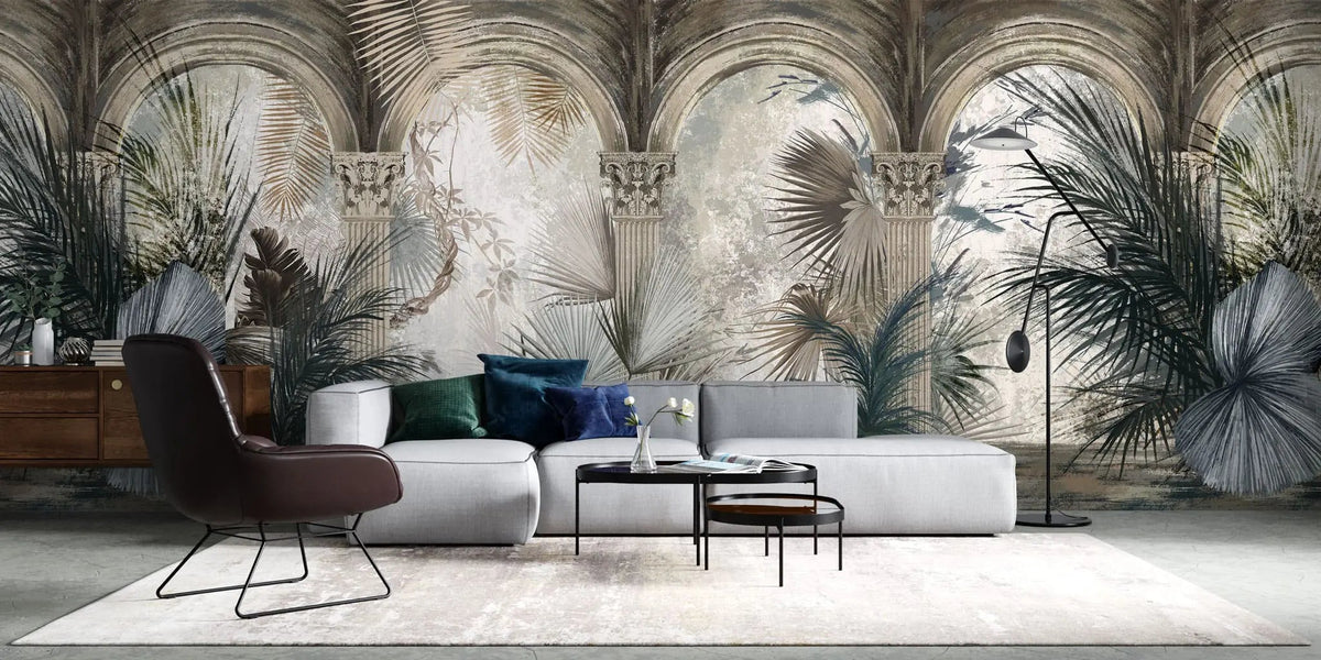 Tapet personalizat victorian cu coloane arhitecturale specifice erei victoriene si palmieri in nuante inchise victorian columns dark