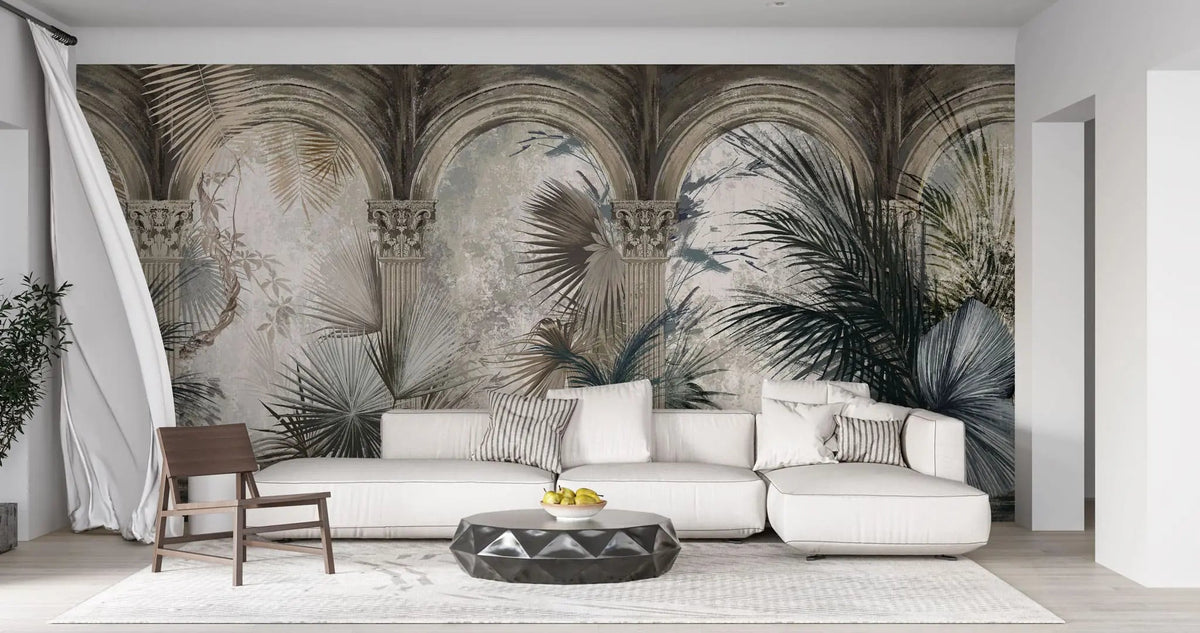 Tapet personalizat victorian cu coloane arhitecturale specifice erei victoriene si palmieri in nuante inchise victorian columns dark