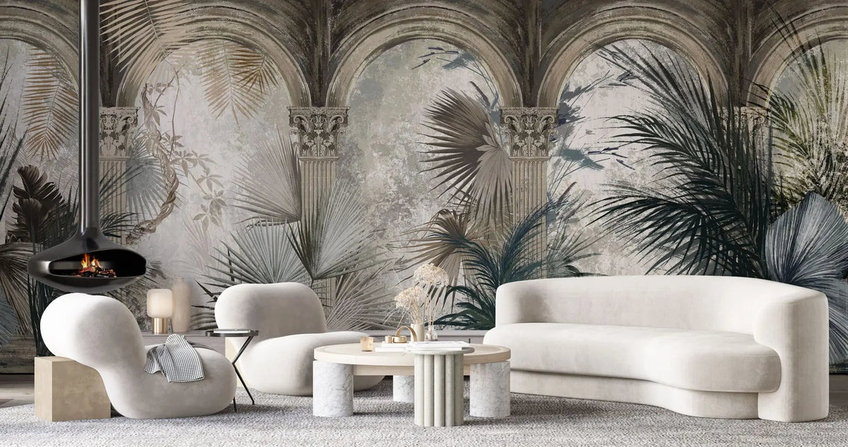 Tapet personalizat victorian cu coloane arhitecturale specifice erei victoriene si palmieri in nuante inchise victorian columns dark
