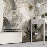 Tapet personalizat victorian cu coloane arhitecturale specifice erei victoriene si palmieri in nuante inchise victorian columns dark