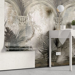 Tapet personalizat victorian cu coloane arhitecturale specifice erei victoriene si palmieri in nuante inchise victorian columns dark