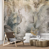 Tapet personalizat victorian cu coloane arhitecturale specifice erei victoriene si palmieri in nuante deschise victorian columns light