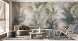 Tapet personalizat victorian cu coloane arhitecturale specifice erei victoriene si palmieri in nuante deschise victorian columns light