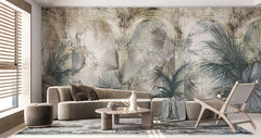 Tapet personalizat victorian cu coloane arhitecturale specifice erei victoriene si palmieri in nuante deschise victorian columns light