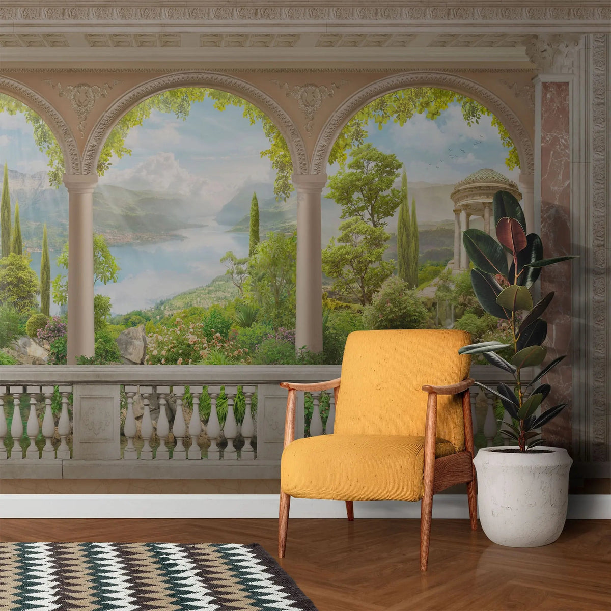 Tapet personalizat victorian cu peisaj romantic paradisiac vazut de la balconul unei cladiri cu arhitectura specifica erei victoriene victorian eden