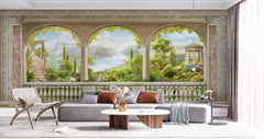 Tapet personalizat victorian cu peisaj romantic paradisiac vazut de la balconul unei cladiri cu arhitectura specifica erei victoriene victorian eden