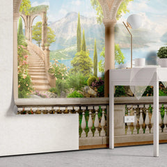 Tapet personalizat victorian cu peisaj romantic paradisiac vazut de la balconul unei cladiri cu arhitectura specifica erei victoriene victorian eden