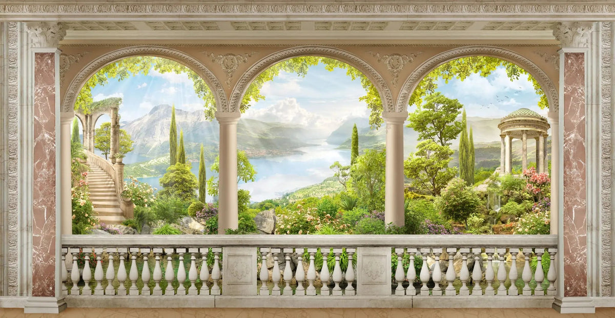 Tapet personalizat victorian cu peisaj romantic paradisiac vazut de la balconul unei cladiri cu arhitectura specifica erei victoriene victorian eden
