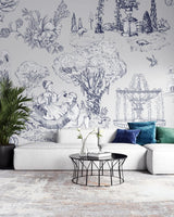 Tapet personalizat victorian cu efect de desen in cerneala care curpinde elemente din gradinile specifice erei victoriene  picnic romantic fantana plante flori si pasari victorian ink garden