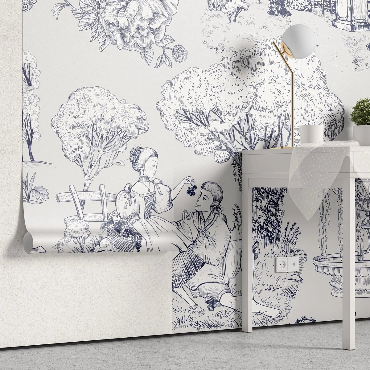 Tapet personalizat victorian cu efect de desen in cerneala care curpinde elemente din gradinile specifice erei victoriene  picnic romantic fantana plante flori si pasari victorian ink garden