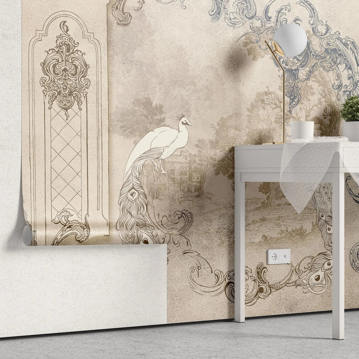 Fototapet personalizat victorian cu elemente vintage specifice erei victoriene si pauni albi white peacock