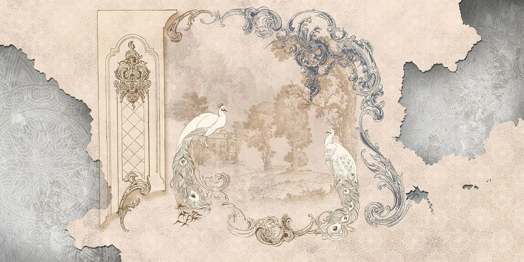 Fototapet personalizat victorian cu elemente vintage specifice erei victoriene si pauni albi white peacock