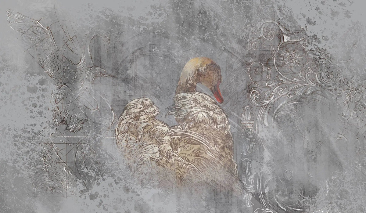Tapet personalizat victorian cu gasca pe un fundal gri in stil victorian victorian goose