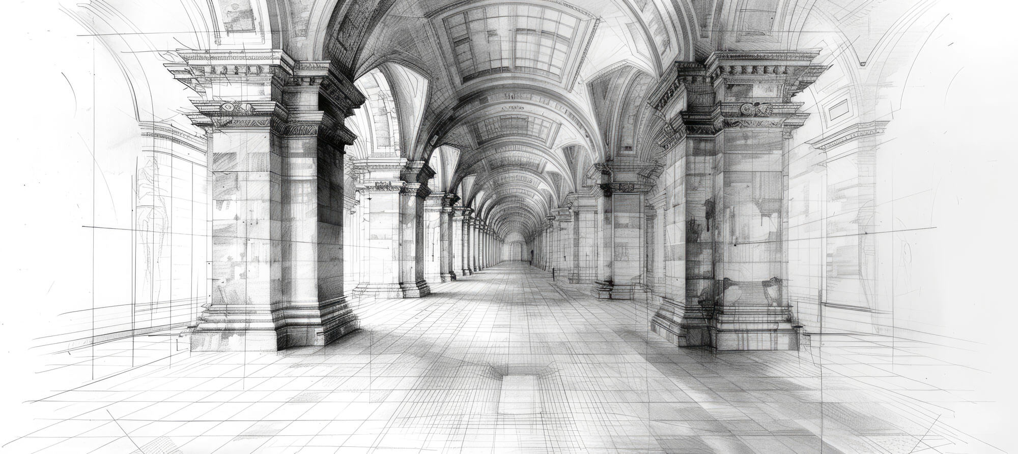 Tapet Personalizat Victorian cu schita arhitecturala al unei hol cu coloane cu viziune in spatiu - HALLWAY OF ANTIQUITY