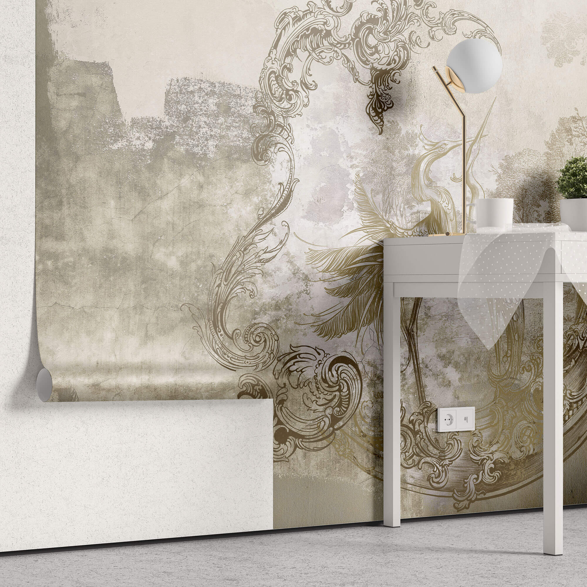 Tapet Personalizat Victorian cu egrete in stil vintage in nuante de bej - VINTAGE BEIGE EGRETES