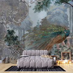Tapet Personalizat Victorian cu peisaj vegetal cu un paun si perete de piatra - STONE VICTORIAN PEACOCK