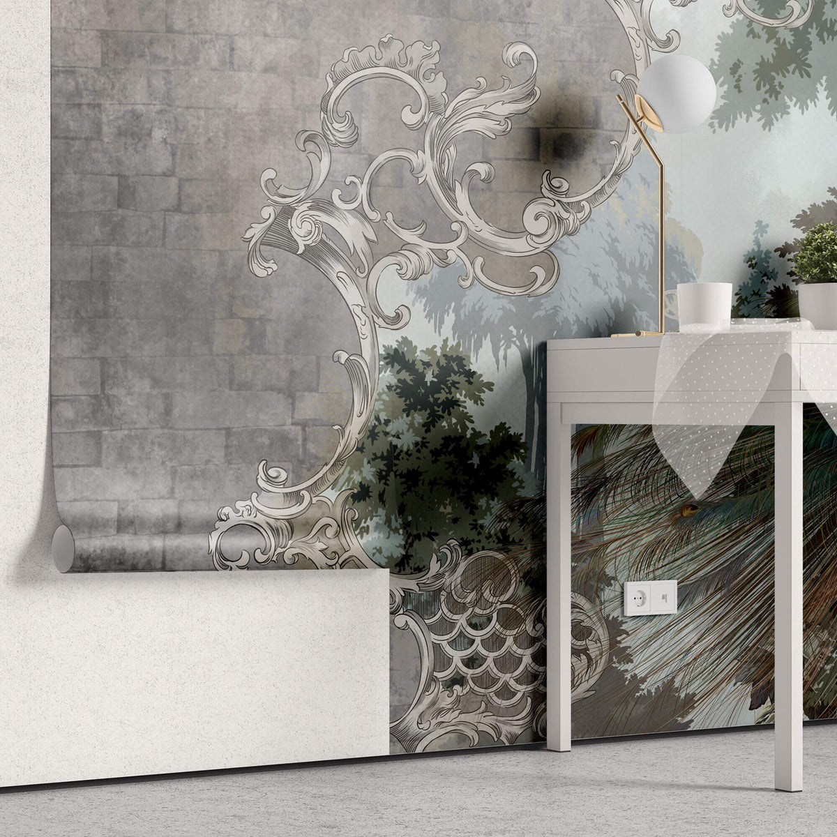 Tapet Personalizat Victorian cu peisaj vegetal cu un paun si perete de piatra - STONE VICTORIAN PEACOCK